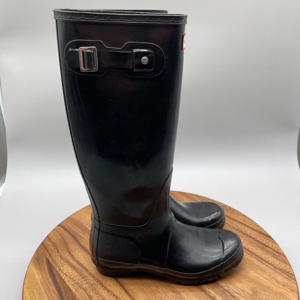 Hunter Boots Womens Size 7 Black Gloss Tall Rain Casual Waterproof Snow Shoes